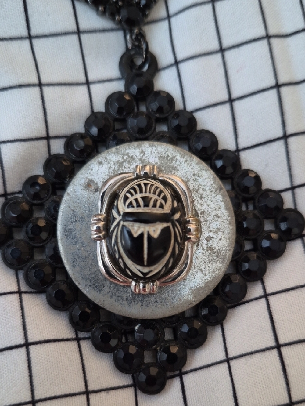 Vintage Handmade Black Beaded Scarab Pendant Necklace - Picture 3 of 8